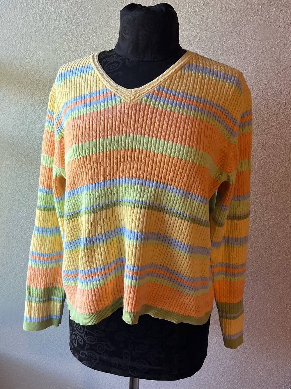 Vintage Liz golf Pastel Striped V-Neck cable knit Sweater preppy 90’s stripes XL